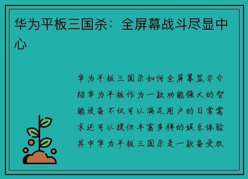 华为平板三国杀：全屏幕战斗尽显中心