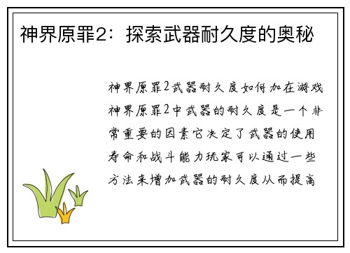 神界原罪2：探索武器耐久度的奥秘